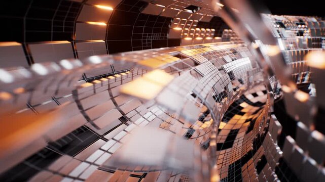 Round tunnel with metallic technological cubes, 3d rendering.