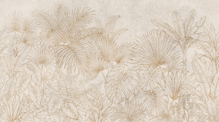 Vintage tropical leaf wallpaper mural, hand drawn botanical line art on beige parchment texture, elegant jungle foliage background for interior design © T_H_E_A_R_T_I_S_T