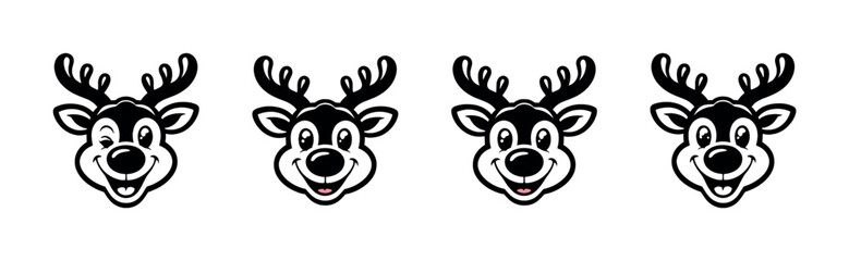 Four cartoon reindeer heads with antlers and big smiles, one winking © Compositor 