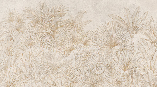 Vintage tropical leaf wallpaper mural, hand drawn botanical line art on beige parchment texture, elegant jungle foliage background for interior design