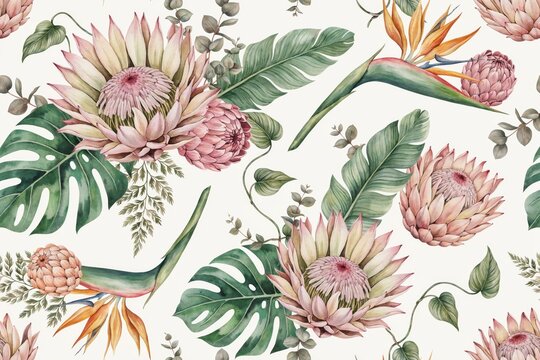 Seamless pattern featuring watercolor protea flowers and tropical monstera leaves on a light cream background, for decor