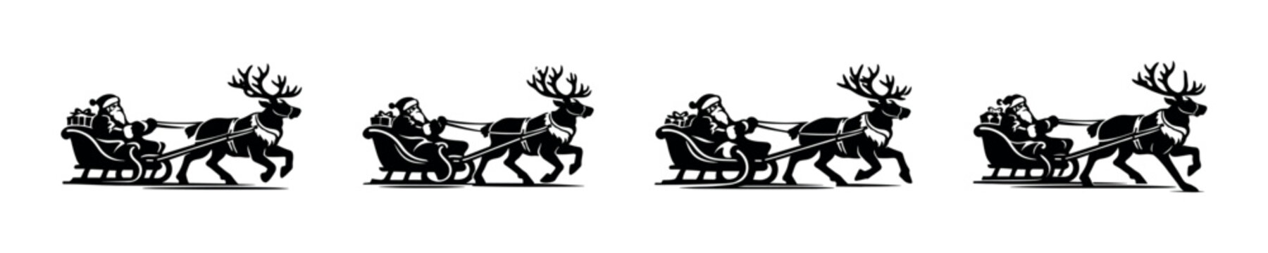 Santa Claus and reindeer silhouette in sleigh with gifts, festive holiday journey