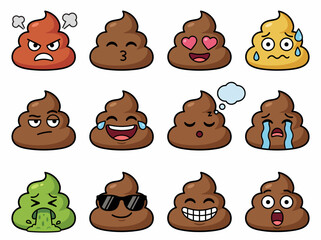 Obraz premium Twelve unique brown poop emojis featuring various funny facial expressions and vibrant cartoon character designs