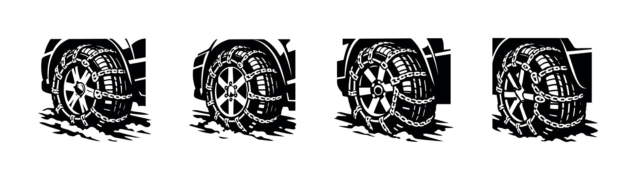 Car tire with snow chains for improved traction on icy roads