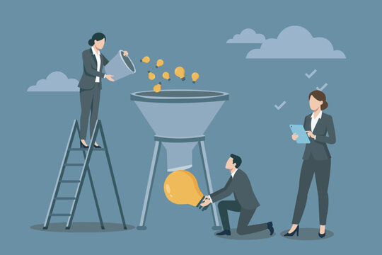 Business Team Filtering Ideas Through Funnel Concept Vector, Business Idea Funnel Concept