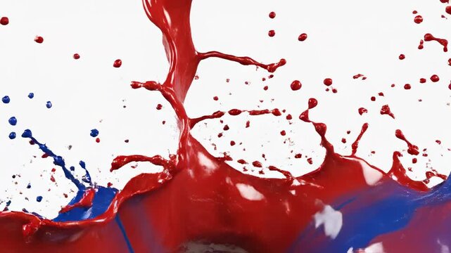 Red and blue paint splashes collide in dynamic motion, creating a vibrant explosion of color against a clean white background, showcasing fluid dynamics in art