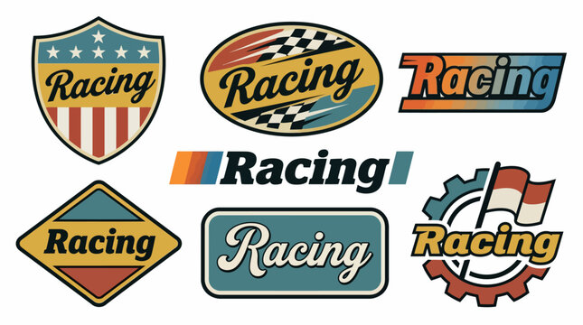 A collection of vintage style racing logo emblems featuring checkered flags and retro typography designs