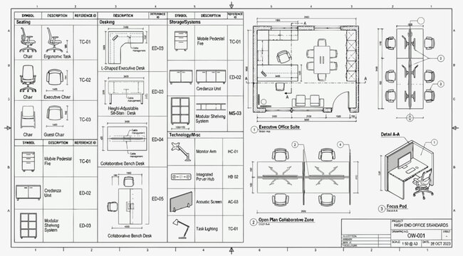 Office furniture specification sheet with technical dimensions and layouts
