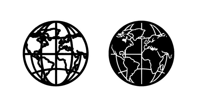 Minimal black silhouette icon, simple flat vector, bold black shape, no, no shading set of two globe icons with world map silhouettes on a, flat icon style