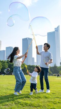 A happy Asian family enjoys playing with giant bubbles in a sunny city park. This joyful, modern lifestyle image represents childhood wonder, active parenting, and outdoor family fun.