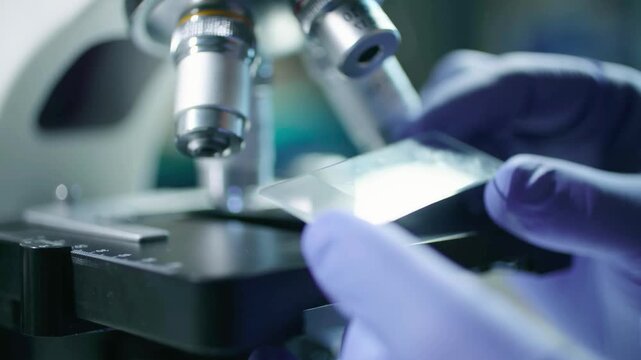 Closeup of gloved hands holding microscope slide under lens in laboratory setting for examination