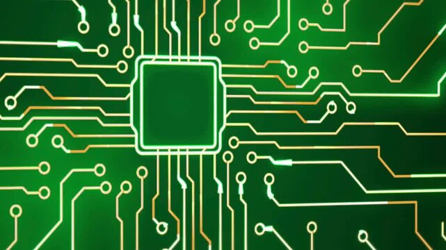 Closeup of green circuit board with yellow electronic connections and copper wiring