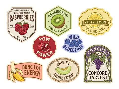 A collection of colorful vintage fruit labels featuring raspberries, kiwi, lemon, pomegranate, blueberries and grapes