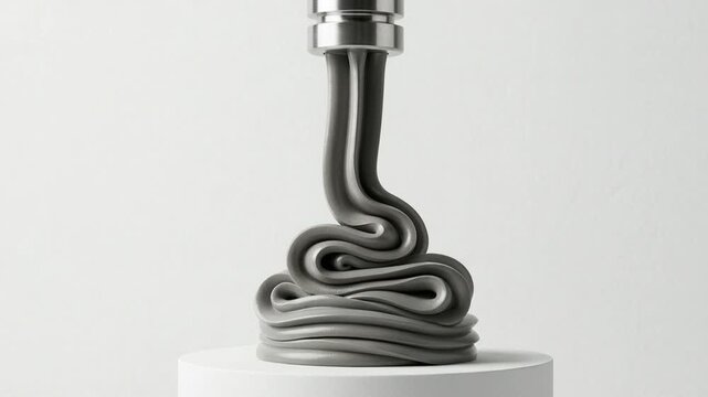 Macro close-up of thick grey viscous paste being extruded from a nozzle onto a minimalist white surface