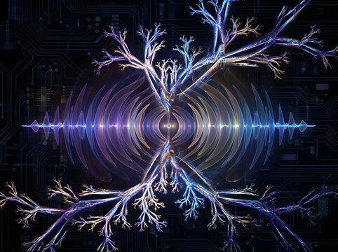 Vibrant circuit branches emit signals in a technological environment from a central viewpoint.