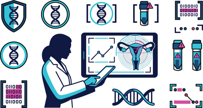Female Scientist Analyzing Gynecology Data and DNA Helix Icons for Women Health Biotech Innovations and Medical Laboratory Diagnostics Research Infographics