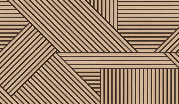 Geometric wood slat pattern background, abstract timber line texture, modern architectural wall panel design with brown parallel stripes