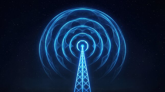 blue radio tower emitting signals in a digital abstract background