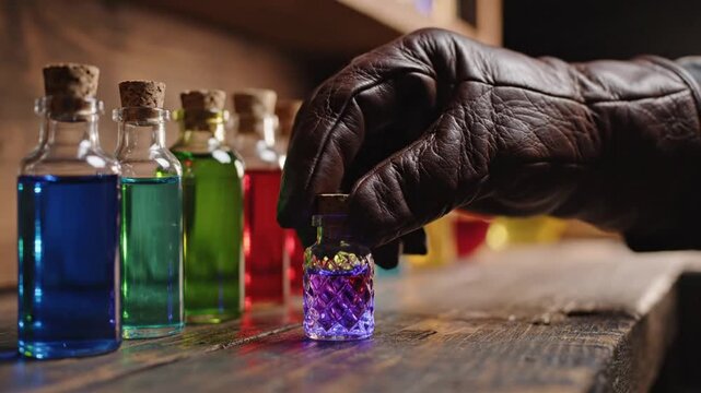 Hand in leather glove reaching for small purple glowing potion bottle on rustic wooden table with various colorful glass vials in fantasy alchemy lab