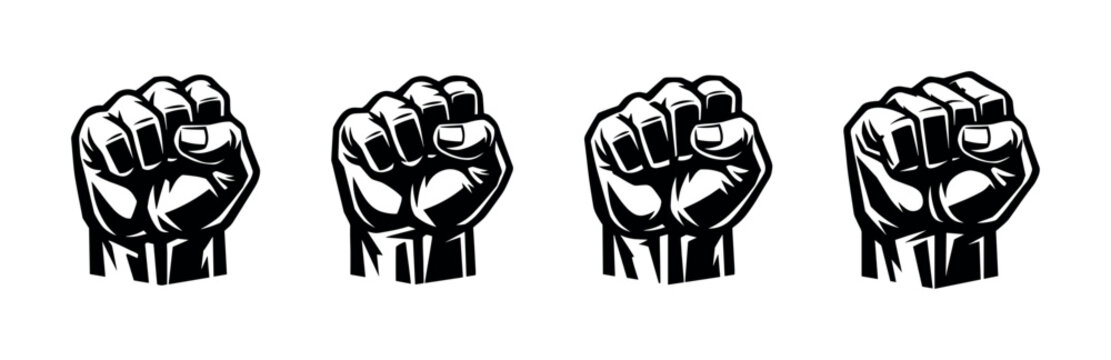 Four clenched fists raised in a powerful symbol of unity and protest