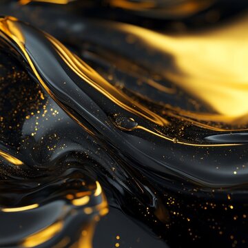 Abstract black oil texture with golden liquid waves. Luxury oil liquid features shiny gold sparkles and reflection. Innovative oil movement for elegant background and premium brand design.