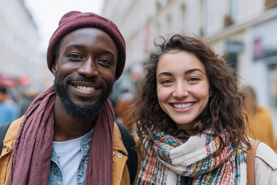 Two smiling people stand close together on a city street. Their joyful expressions radiate warmth and connection. The man wears a beanie and scarf, the woman a colorful one