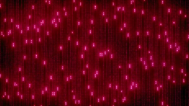 Digital rain of pink neon numbers and letters on dark red background