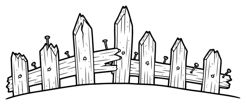 Broken picket fence on curved ground in hand drawn comic style