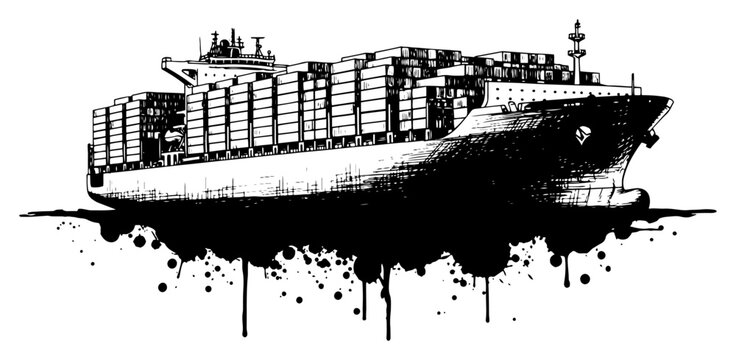 Container ship carrying cargo on ocean with ink splatter details in vintage etching style