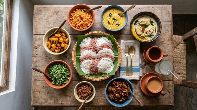 Top Down Sri Lankan Breakfast Spread with String Hoppers Pol Sambol Dhal Curry and Fish Curry Food Photography