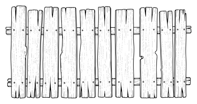 Wooden picket fence with rustic texture in hand drawn ink sketch style