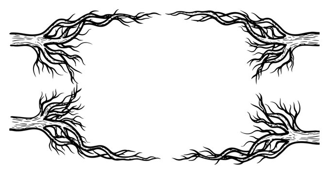Tree roots and branches forming organic decorative frame in hand drawn ink sketch style