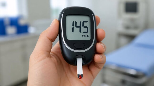 Close up of person checking blood glucose levels with glucometer in clinical setting.