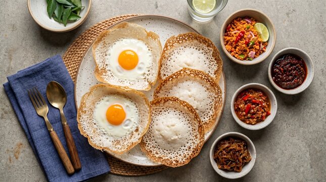 Overhead Sri Lankan Egg Hoppers and Plain Hoppers with Spicy Sambols Clean Modern Gourmet Food Photography