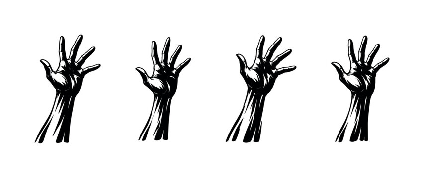 Four stylized black and white hands reaching upwards against a white background