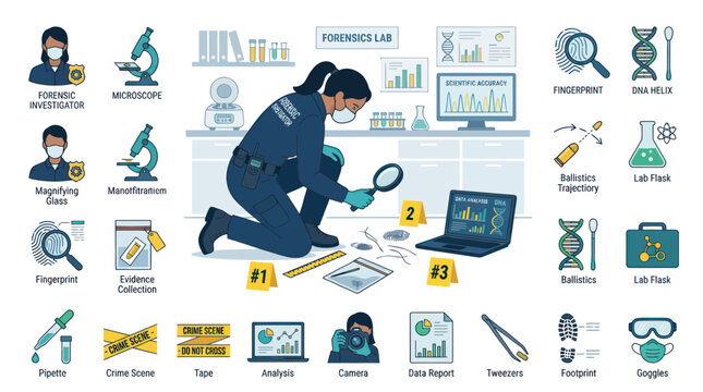 Forensic science investigator examining evidence with laboratory icons