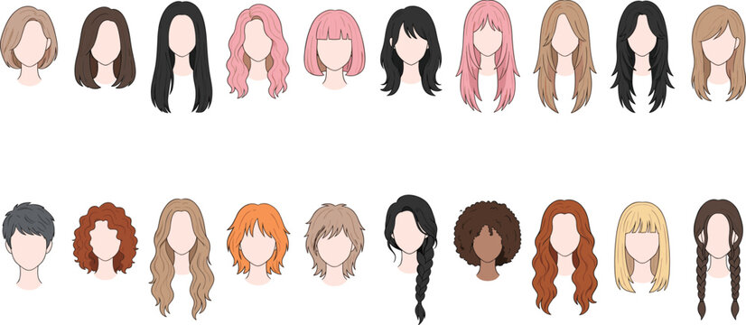 Female and male hairstyle collection with diverse haircuts and colorful hair fashion avatar illustrations