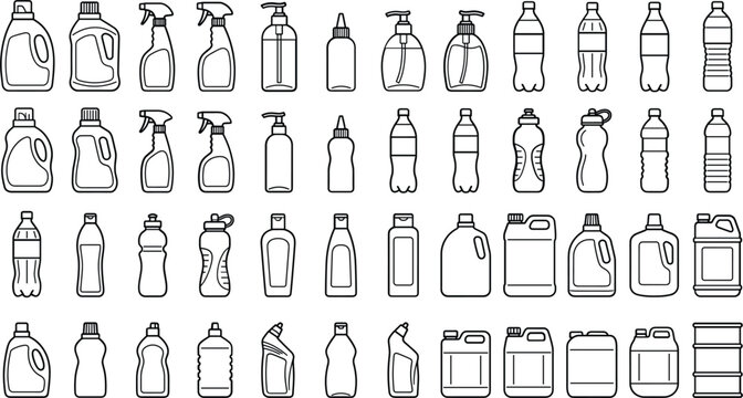 Plastic bottles and canisters set, chemical detergent containers, spray and shampoo vector outline illustration