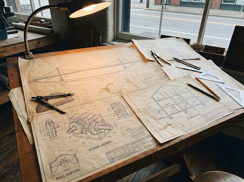 Architect's desk with blueprints, tools, and lamp on wooden table by window overlooking city street