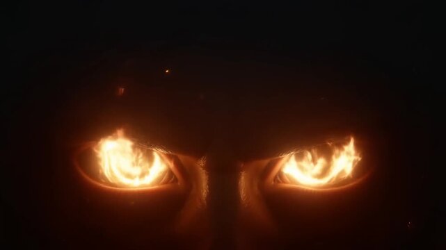 Slow zoomin of burning eyes revealing dark face with flaming irises in shadowy interior void and ember sparks