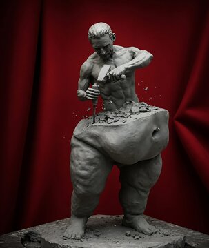 A muscular man sculpting a large stone block with a chisel and hammer