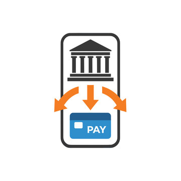 Mobile Payment Processing Icon, Smartphone Banking Transaction Vector Symbol with Bank Building and Pay Button Isolated on Transparent Background