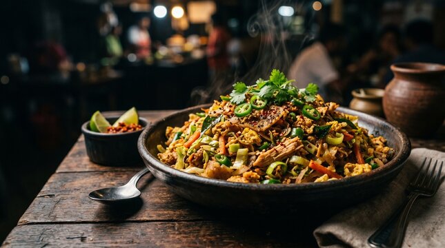 Freshly prepared Sri Lankan kottu roti with visible vegetables and texture, dramatic food photography.