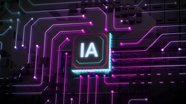 Glowing neon IA logo on futuristic dark electronic circuit board background with purple lights