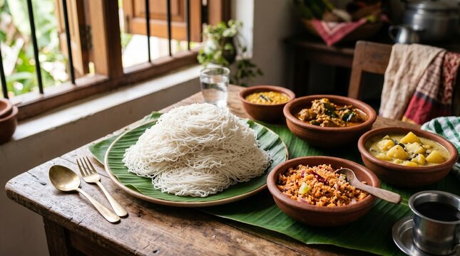 Steamed white string hoppers stacked beautifully with coconut sambol and curry bowls, natural daylight, authentic Sri Lankan food scene.
