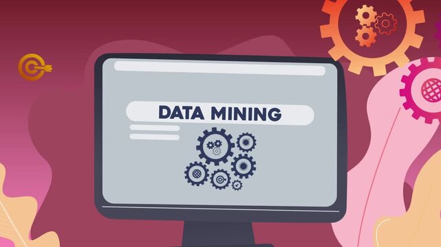 A computer screen displaying the text &ldquo;Data Mining&rdquo; and illustrations of gears