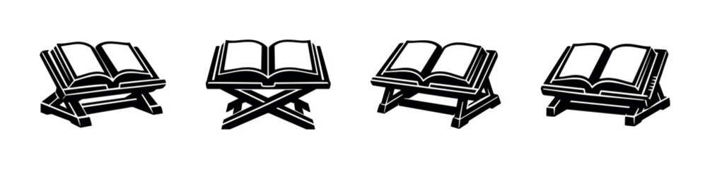 Collection of open books displayed on wooden stands for reading and study © Compositor 