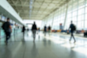 Fototapeta premium Abstract view of travelers and passengers moving through a spacious airport interior with large windows, high ceilings, and reflective floors, conveying a sense of bustling activity.