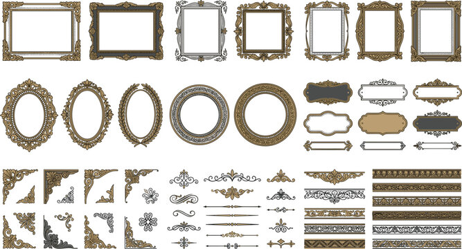Vintage picture frames set, antique gold border corners, labels and decorative dividers vector illustration collection