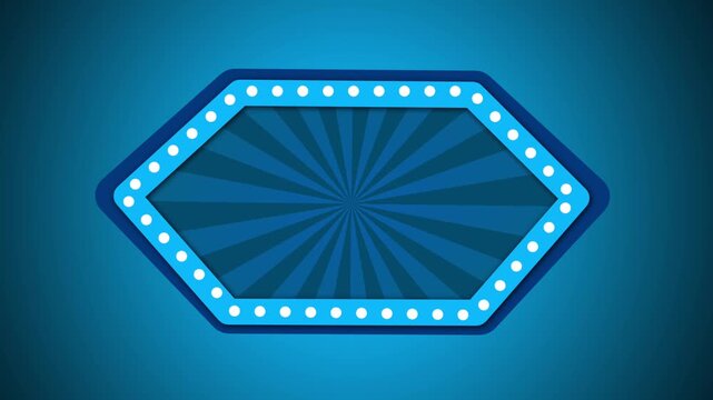 A blue retro circus-style banner frame with blinking light bulbs over a sunburst background.